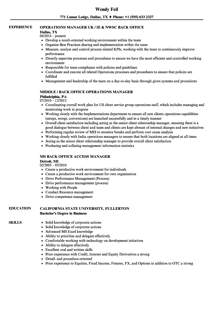 Back Office Manager Resume Samples Velvet Jobs