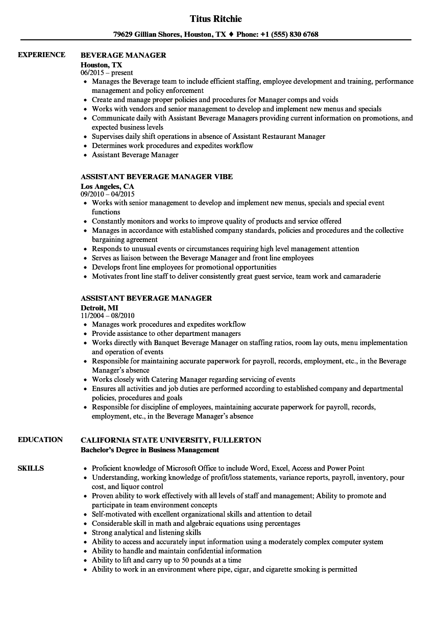 Beverage Manager Resume Samples Velvet Jobs