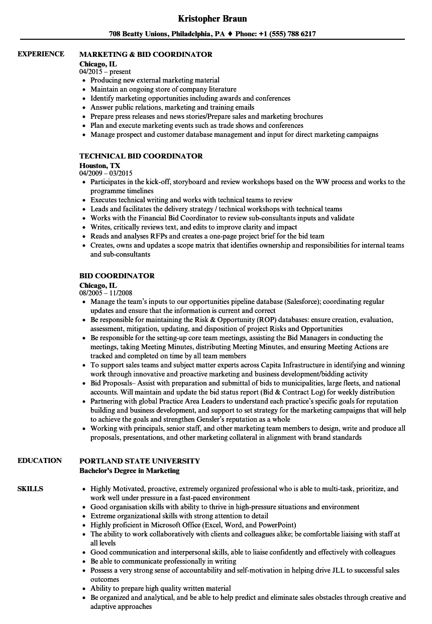 Bid Coordinator Resume Samples | Velvet