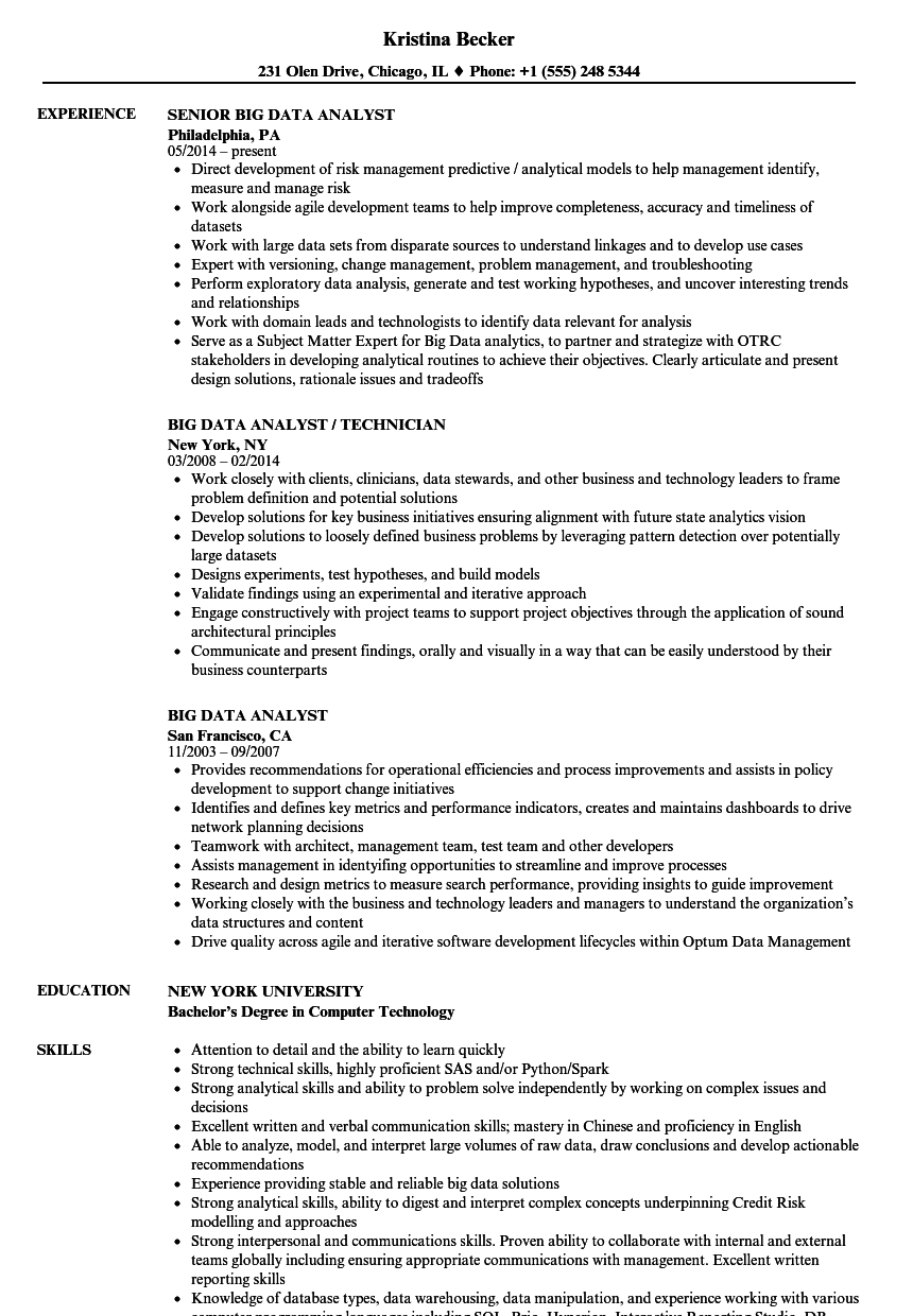 Big Data Analyst Resume Samples