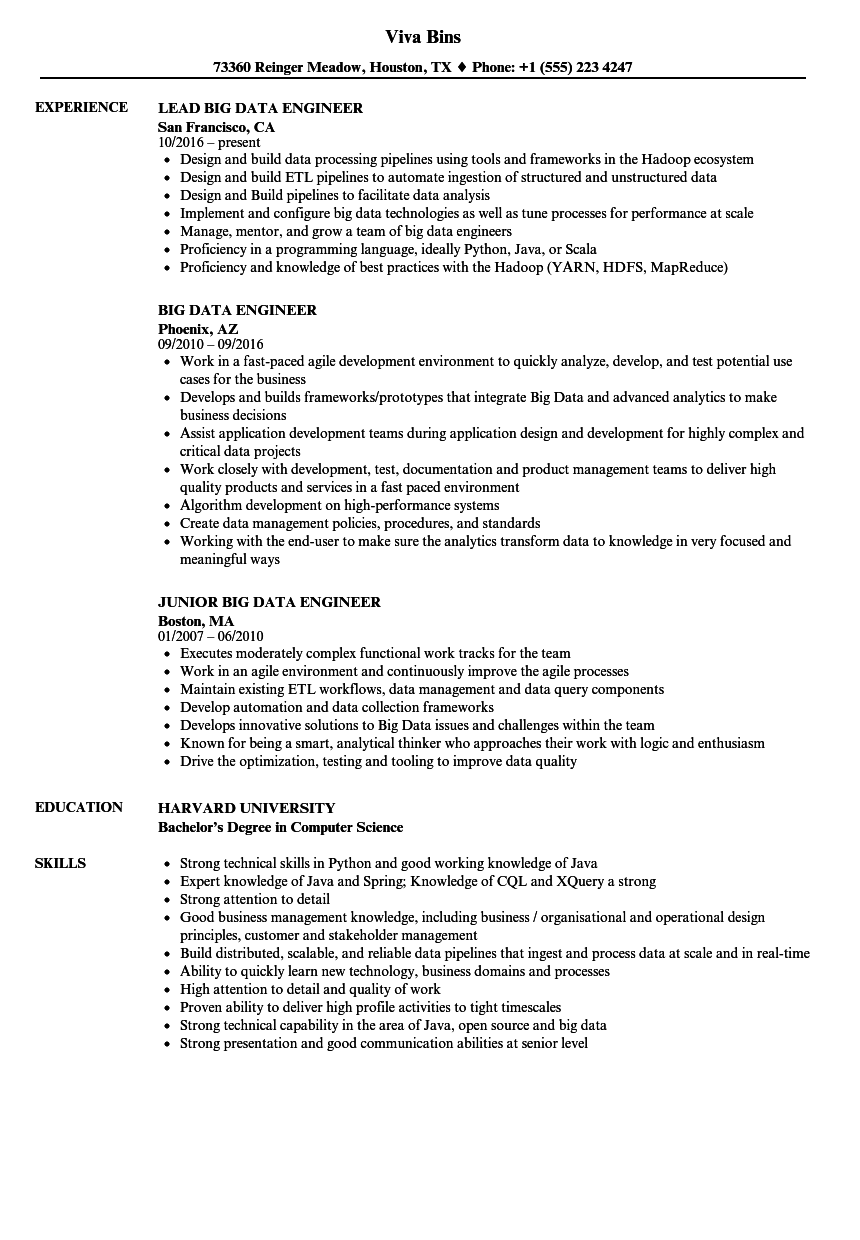 Big Data Engineer Resume Samples