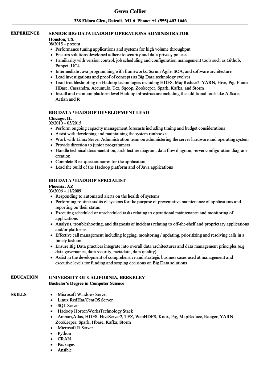 Big Data Hadoop Resume Samples