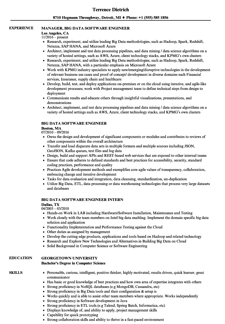 Big Data Software Engineer Resume Samples