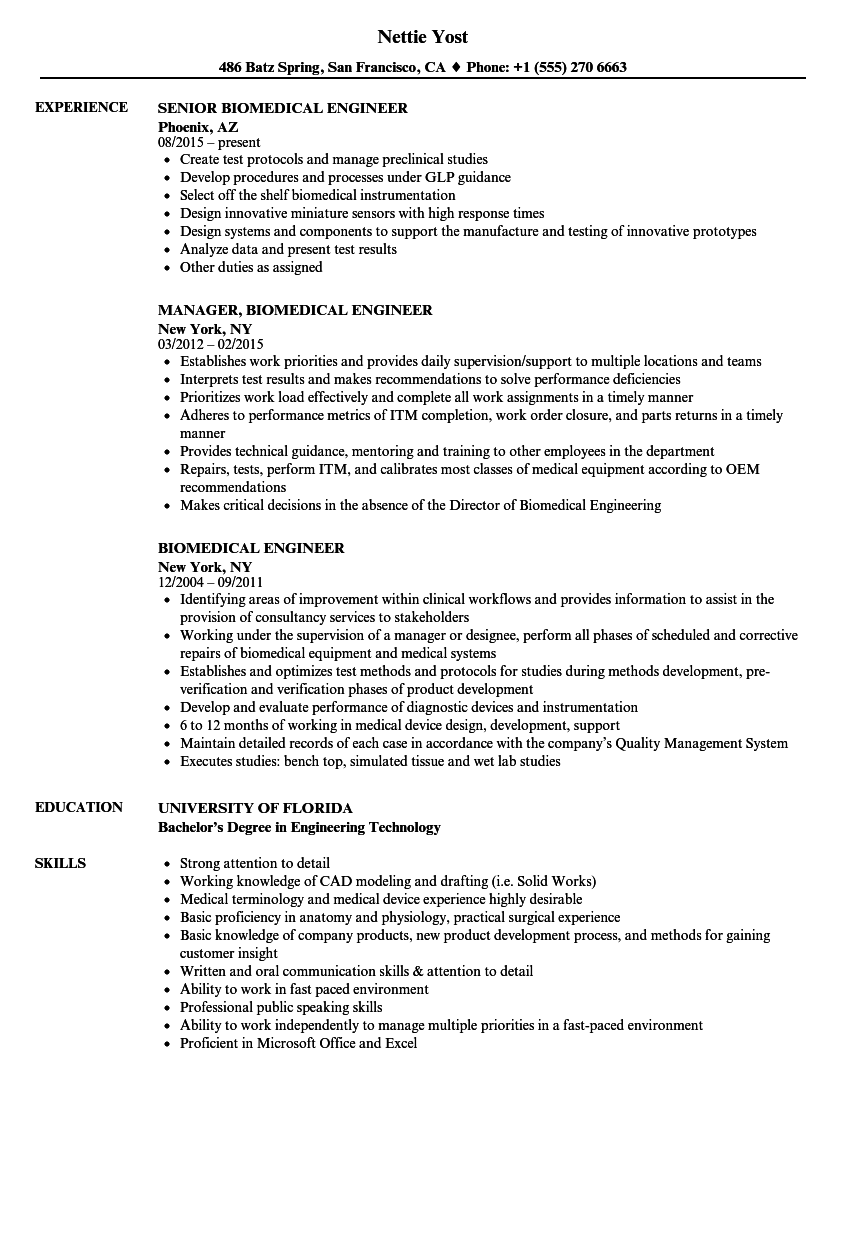 Biomedical Engineer Resume Samples | Velvet Jobs