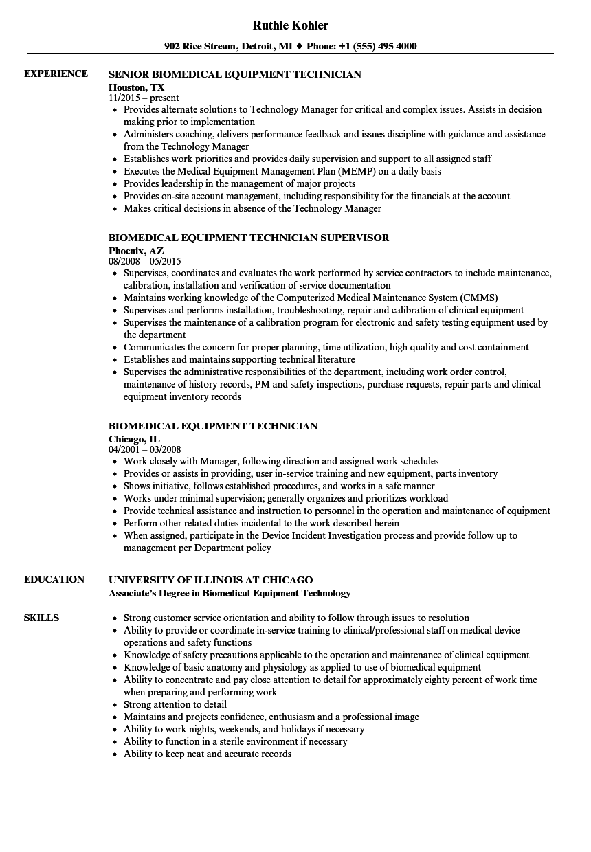 Biomedical Equipment Technician Resume Samples  Velvet Jobs