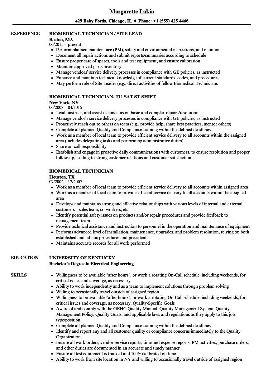 Biomedical Engineer Resume Example - Finder Jobs