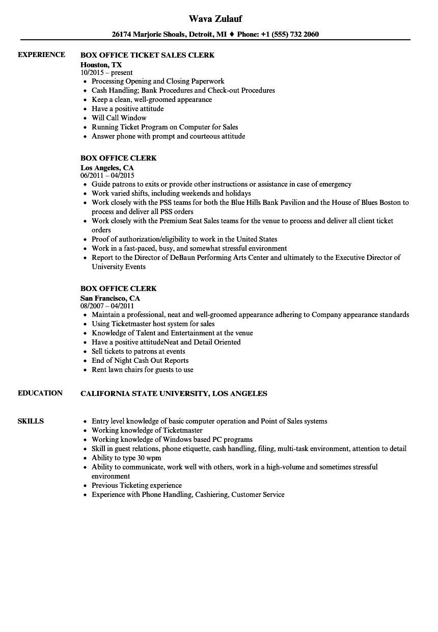 Box Office Clerk Resume Samples | Velvet Jobs