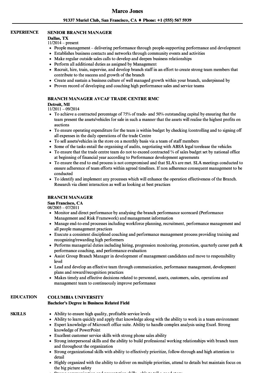Branch Manager Resume Samples