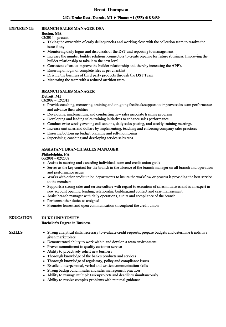 Branch Manager Resume Samples