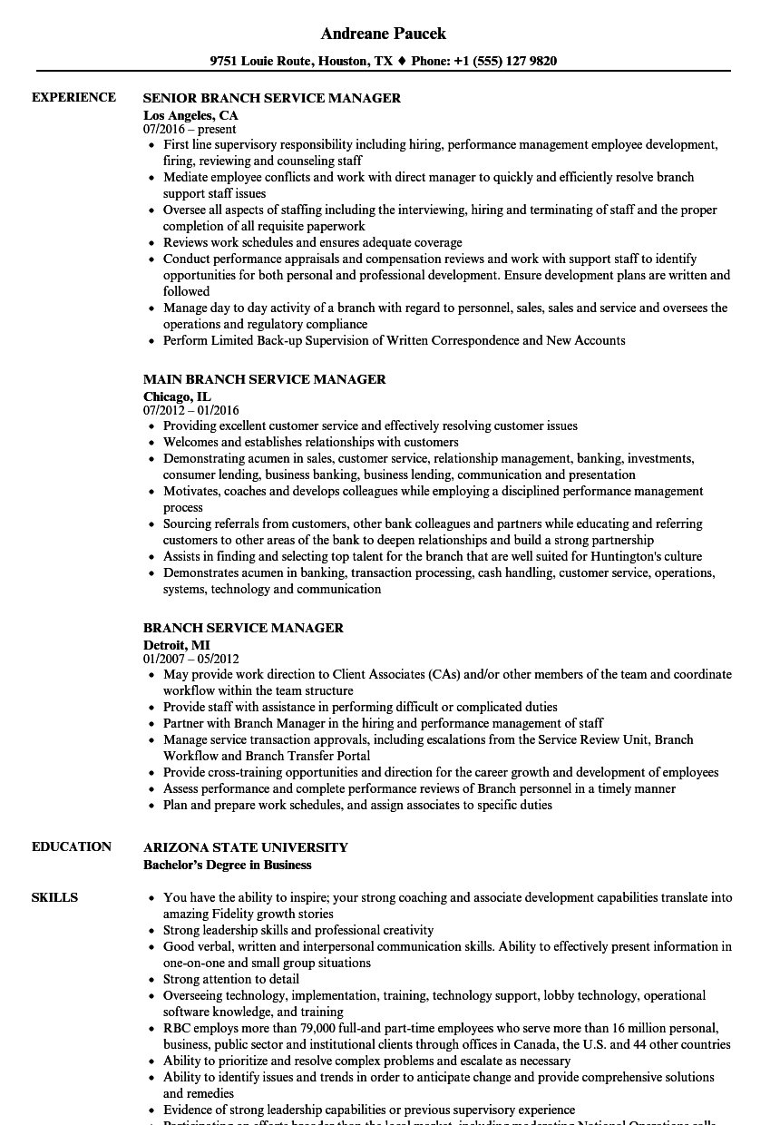 Branch Service Manager Resume Sample 