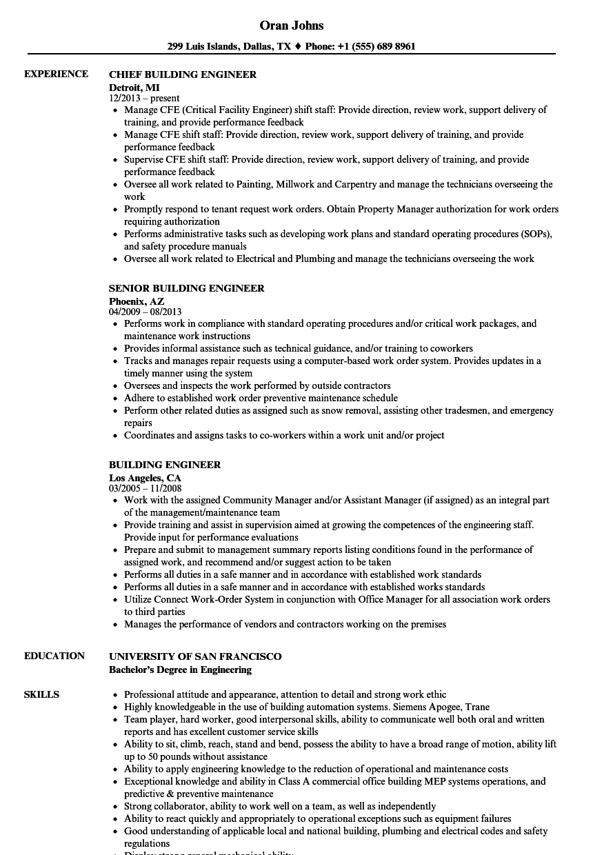 Building Engineer Resume Samples | Velvet Jobs