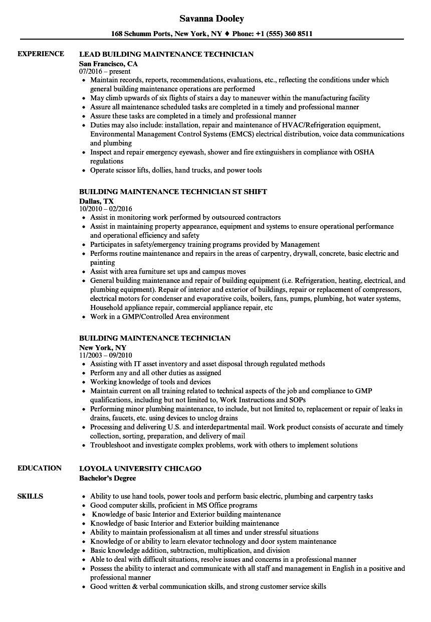 maintenance technician job duties for resume