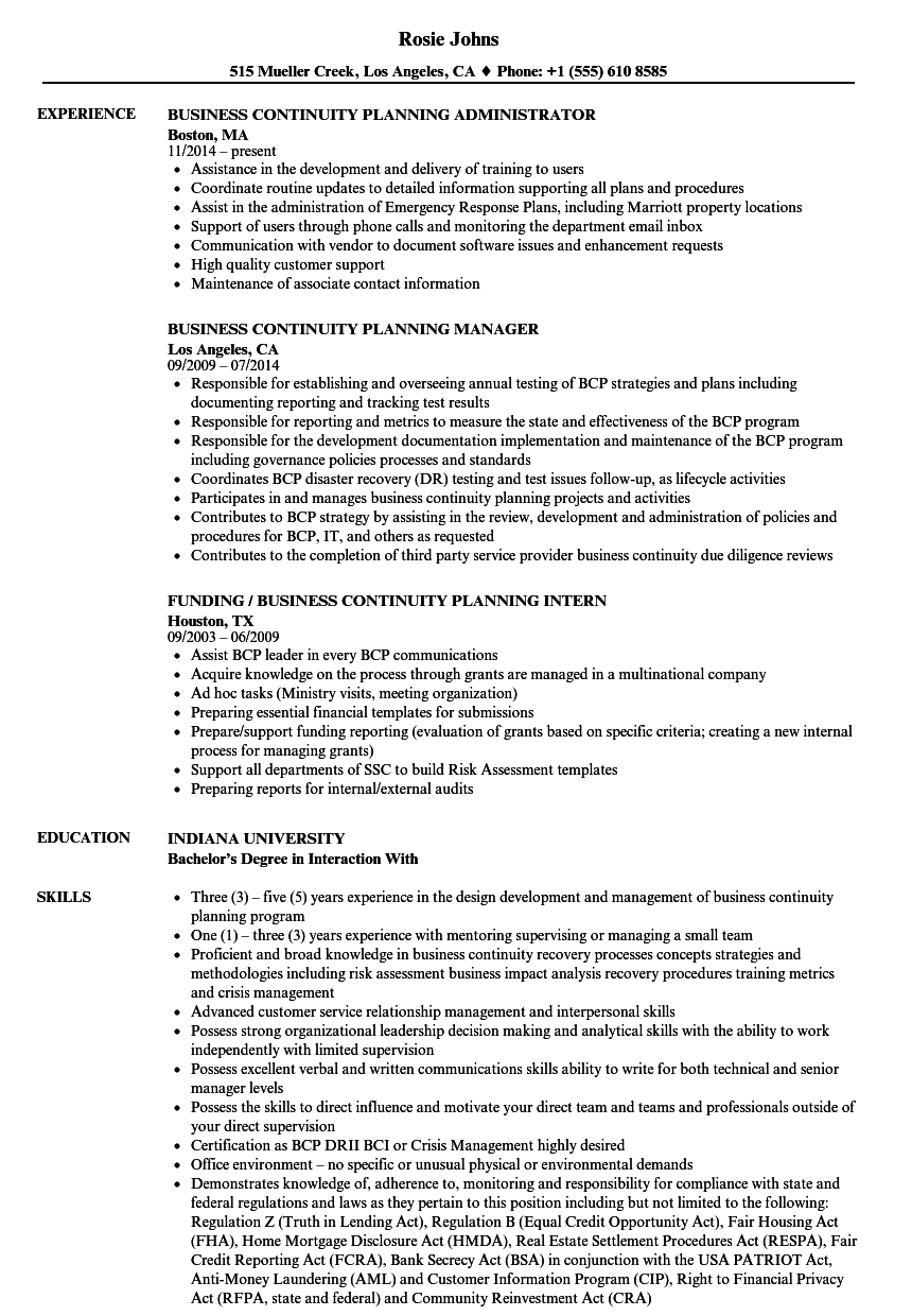 business continuity plan resume