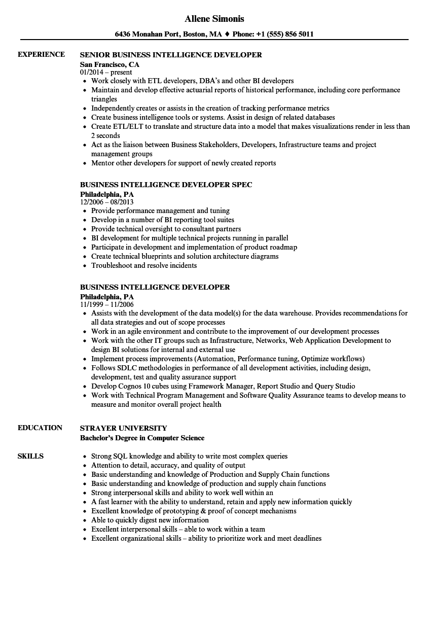 Business Intelligence Developer Resume Samples | Velvet Jobs