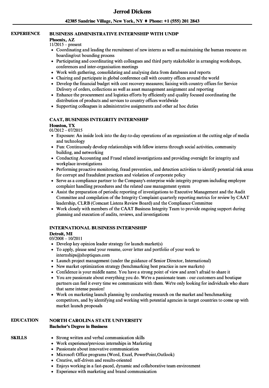 Business Internship Resume Samples Velvet Jobs