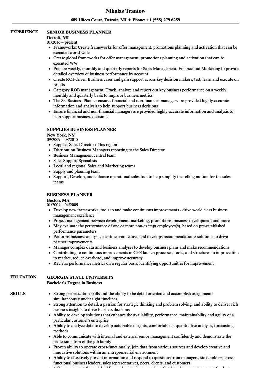 Business Planner Resume Samples Velvet Jobs