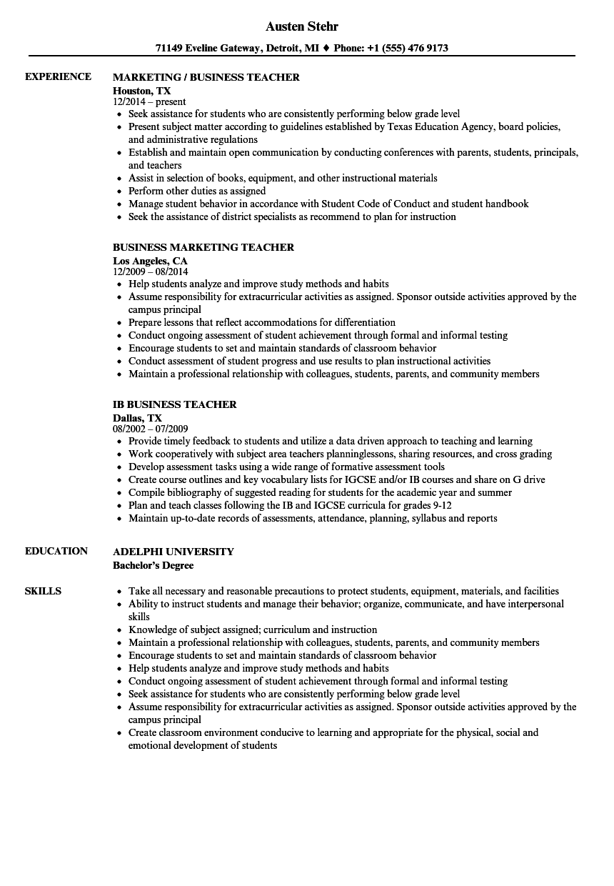 Business Teacher Resume Samples Velvet Jobs