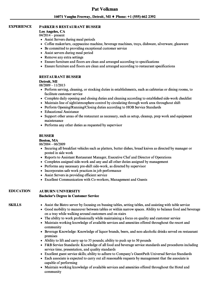 Busser Resume Samples Velvet Jobs