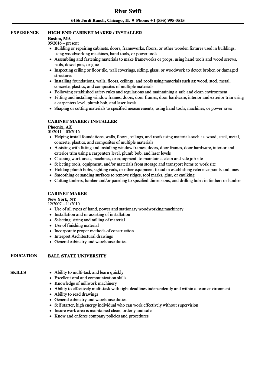 Cabinet Maker Resume Samples | Velvet Jobs