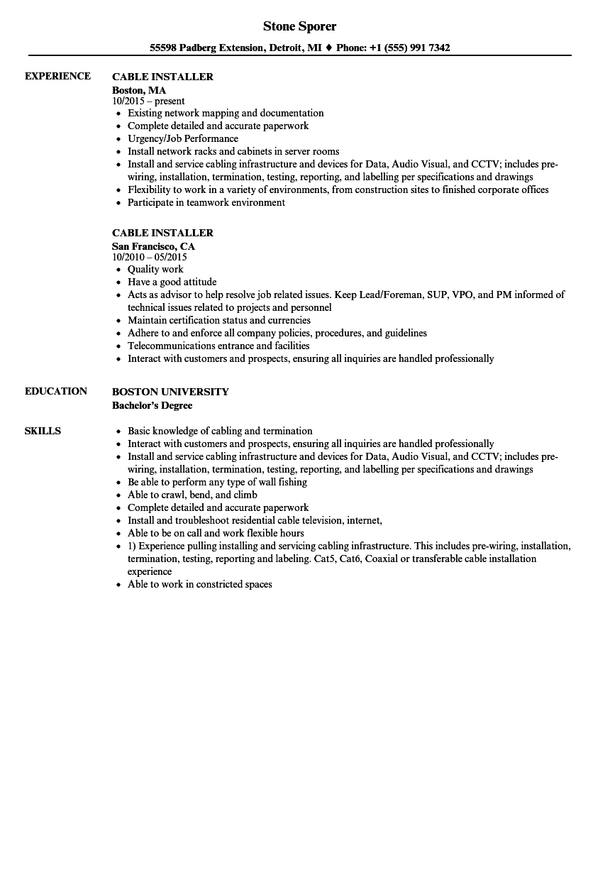 Cable Installer Resume Samples Velvet Jobs