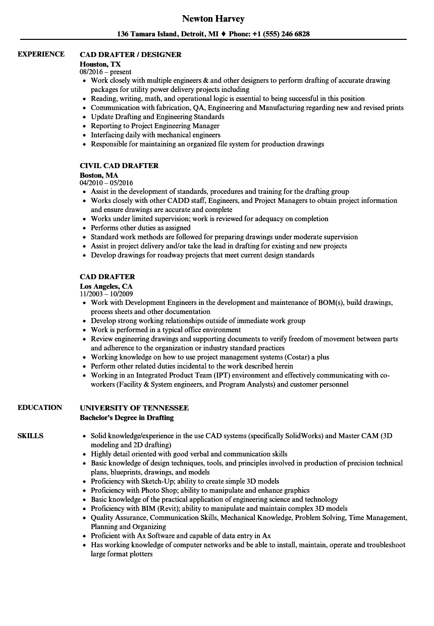 CAD Drafter Resume Samples | Velvet Jobs