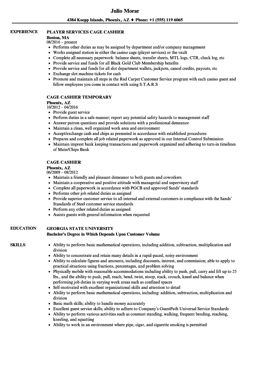 Cage Cashier Resume Samples | Velvet Jobs