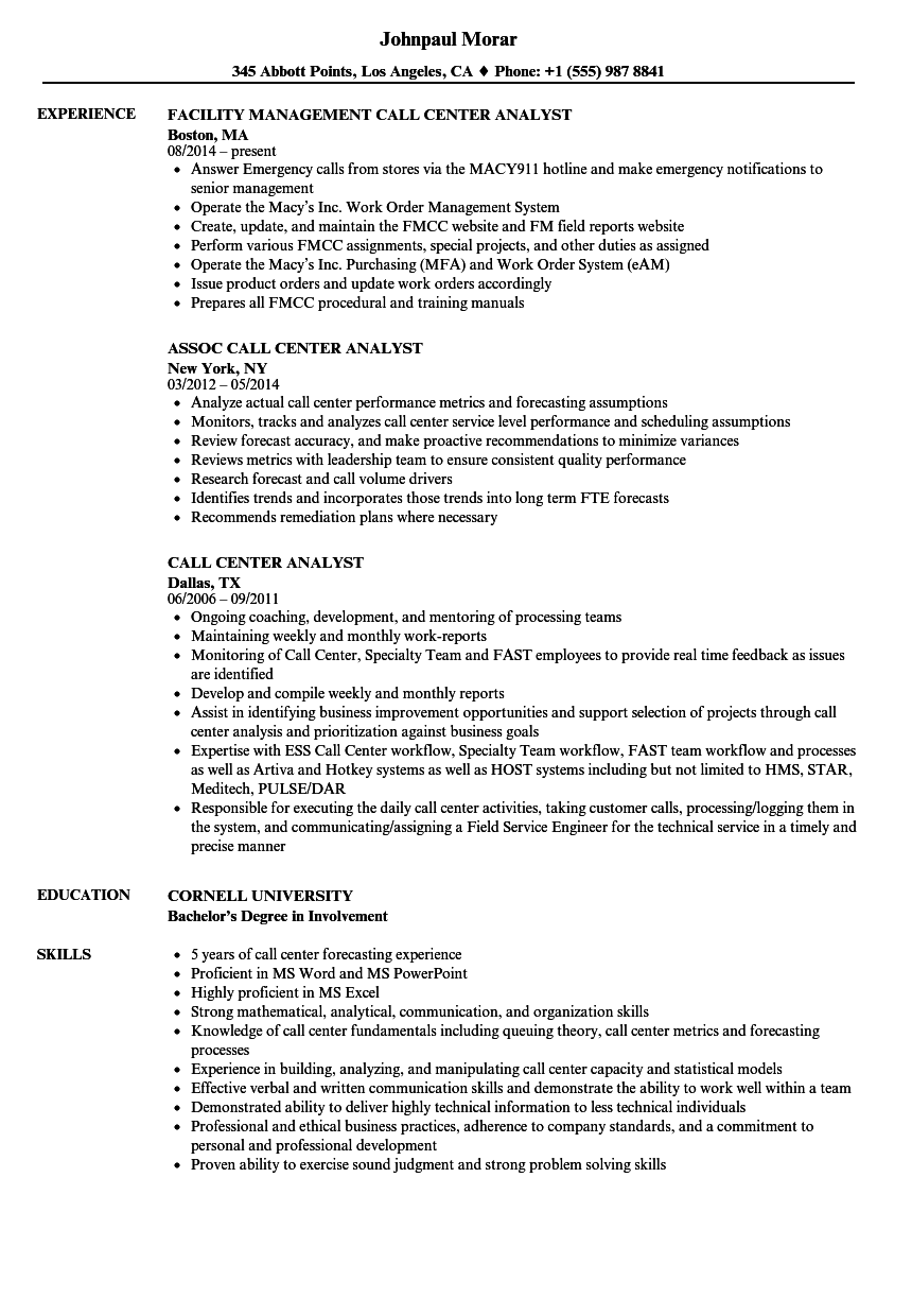 Call Center Analyst Resume Samples | Velvet Jobs