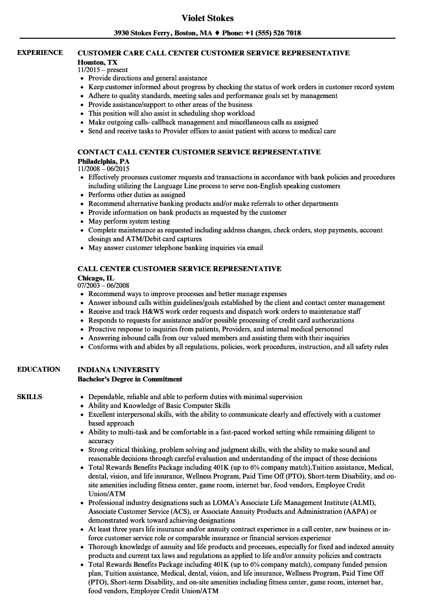 Call Center Customer Service Representative Resume ...