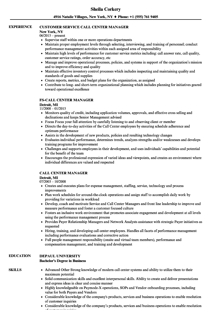 resume for call center supervisor