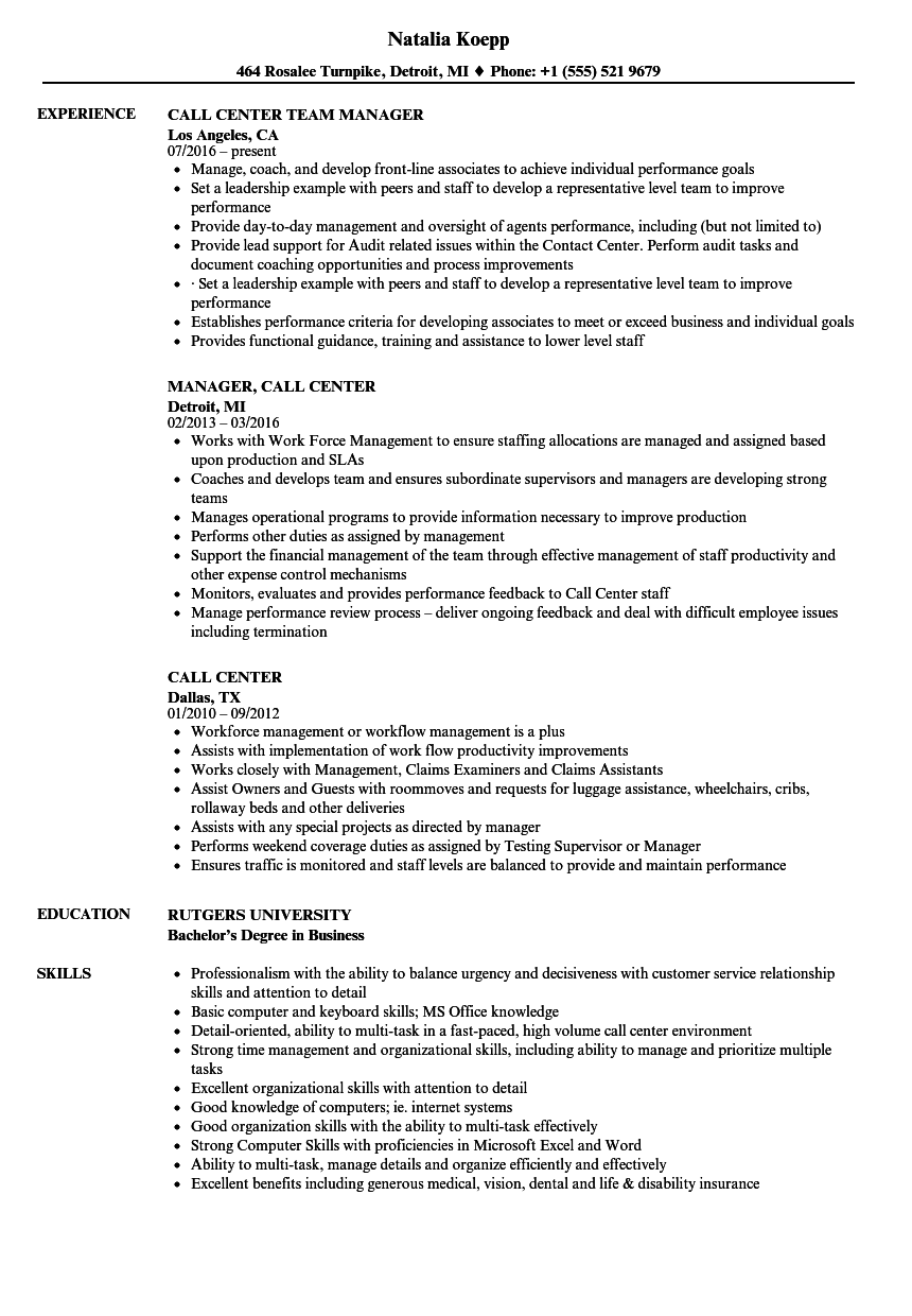 Call center resume skills examples