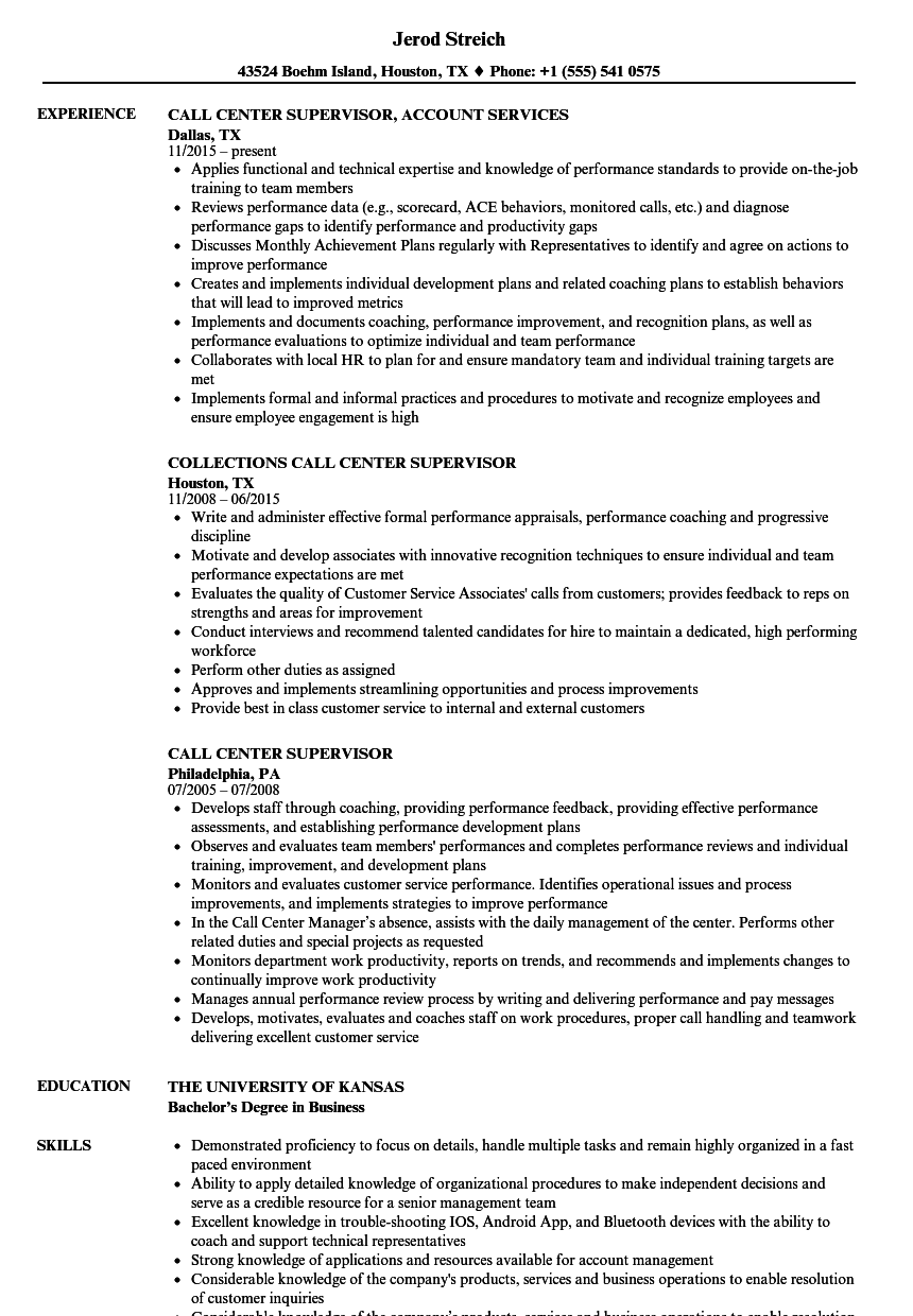 call center supervisor skills resume