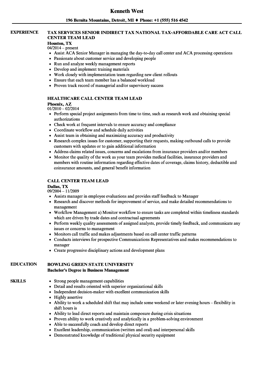 Call Center Team Lead Resume Samples Velvet Jobs