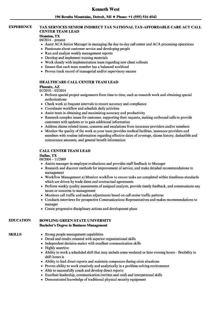 resume for team leader in call center