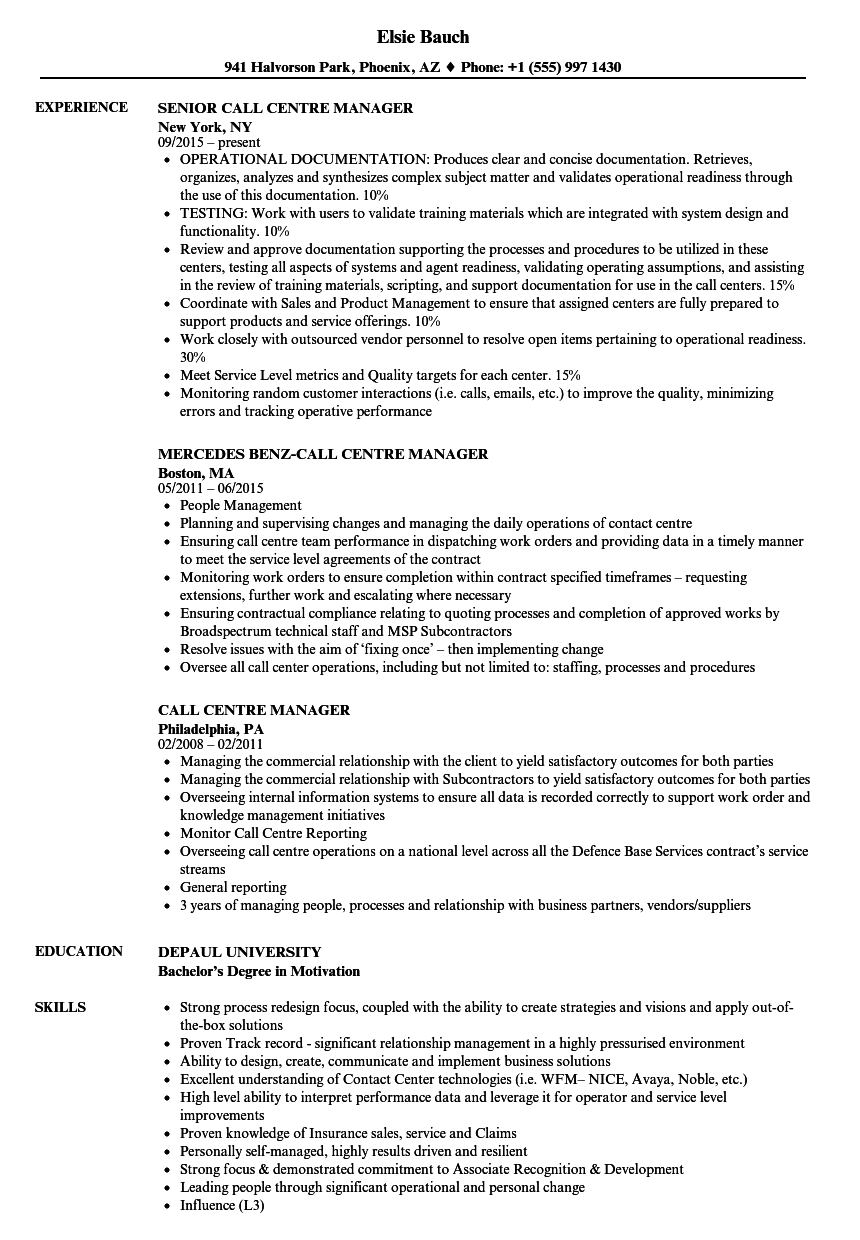 resume call center manager