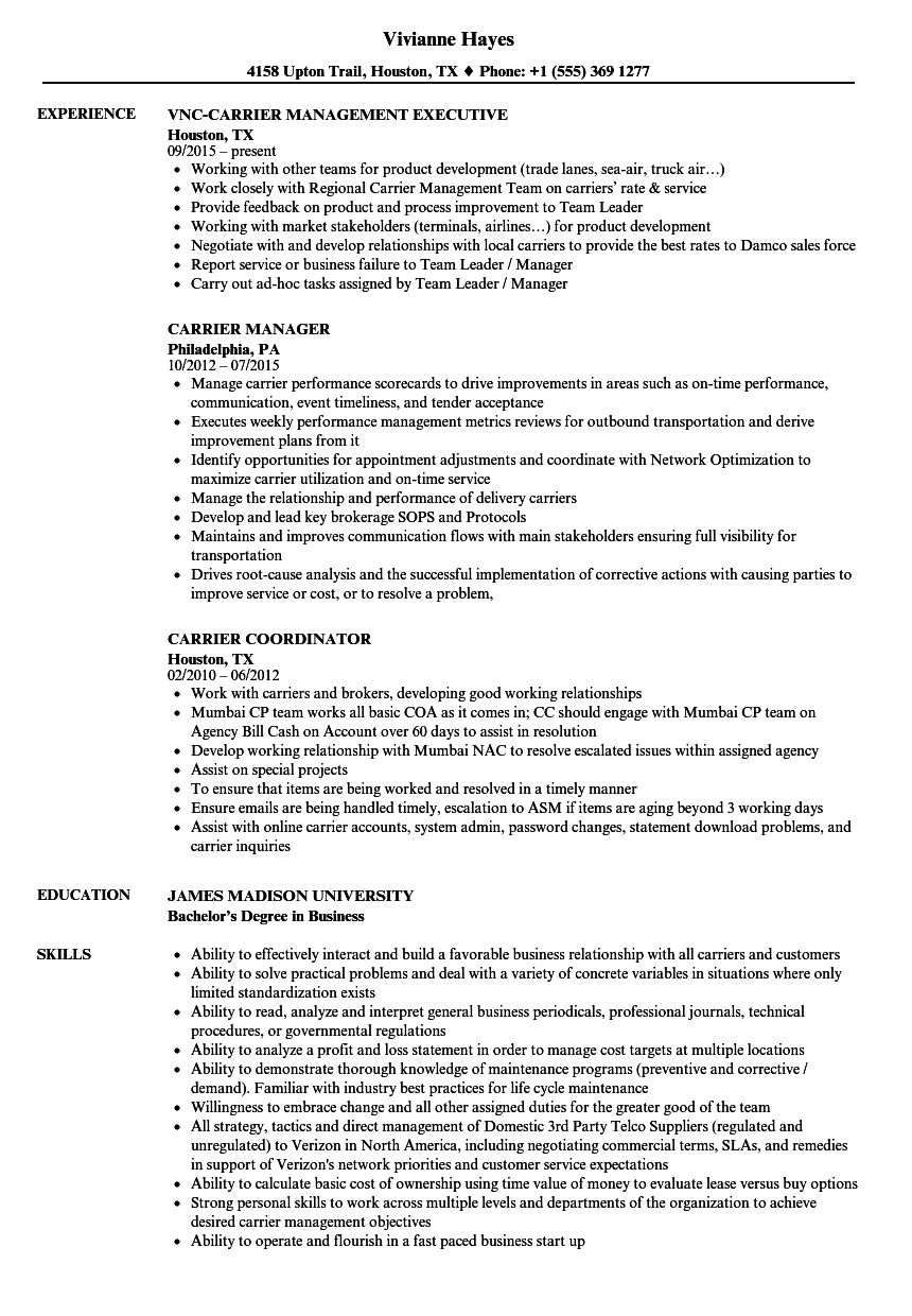 Carrier Resume Samples Velvet Jobs