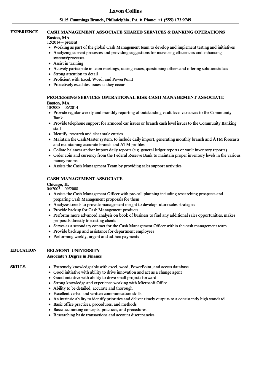 cash management resume examples