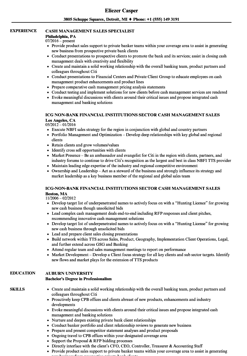 cash management resume examples