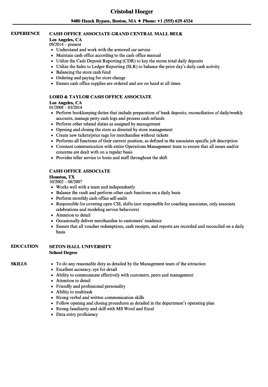 Cash Office Associate Resume Samples | Velvet Jobs