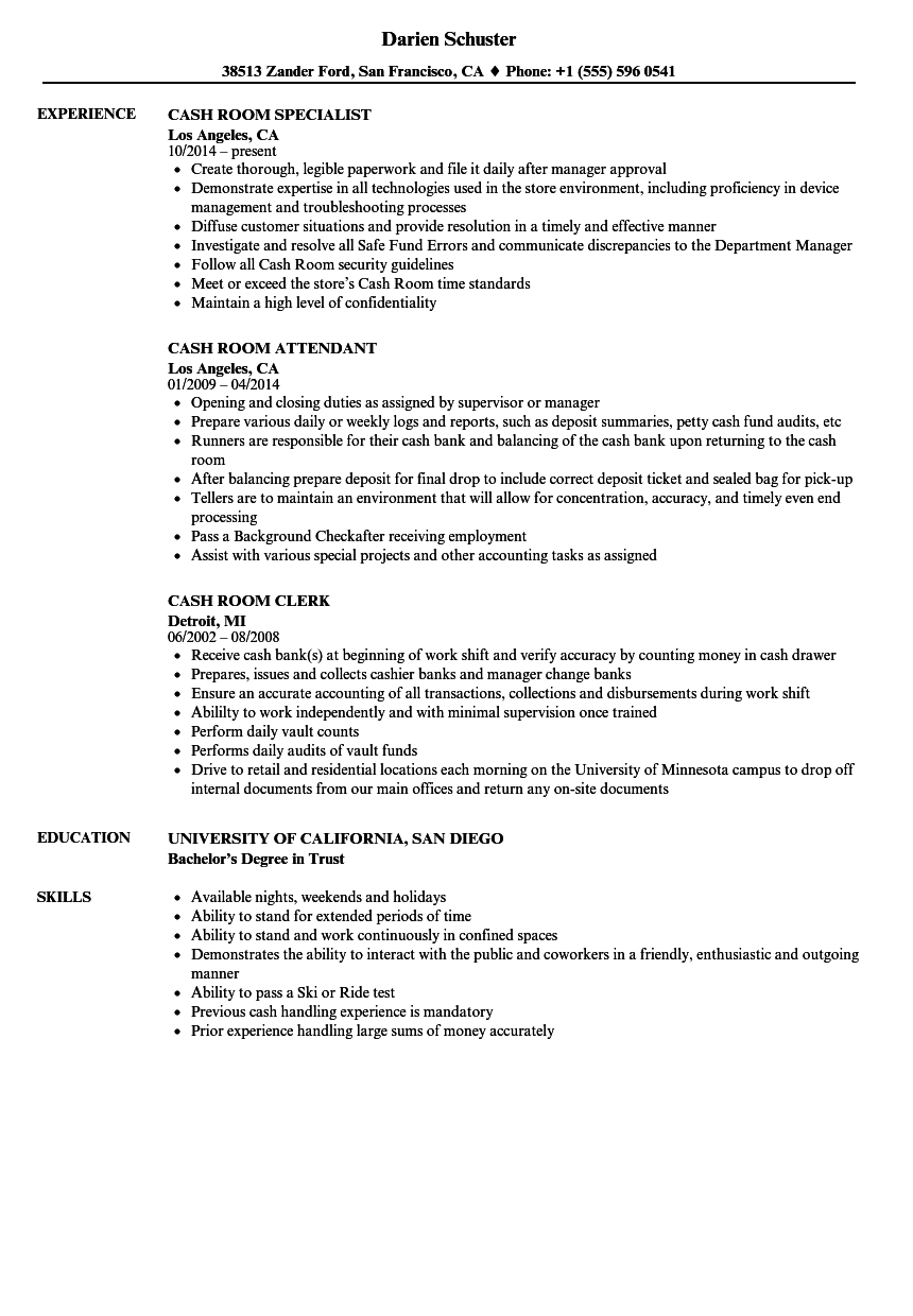 Cash Room Resume Samples Velvet Jobs