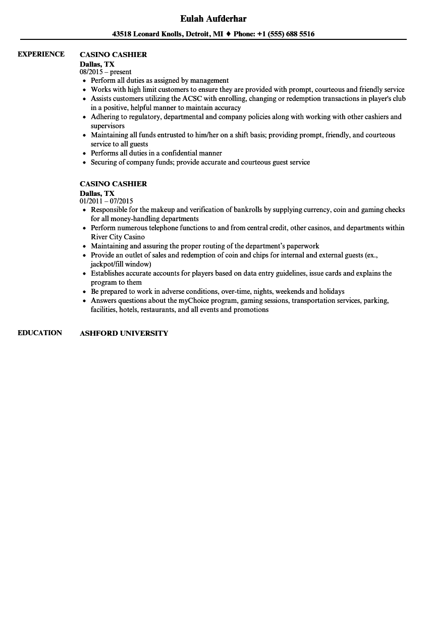 Casino Cashier Resume Samples  Velvet Jobs