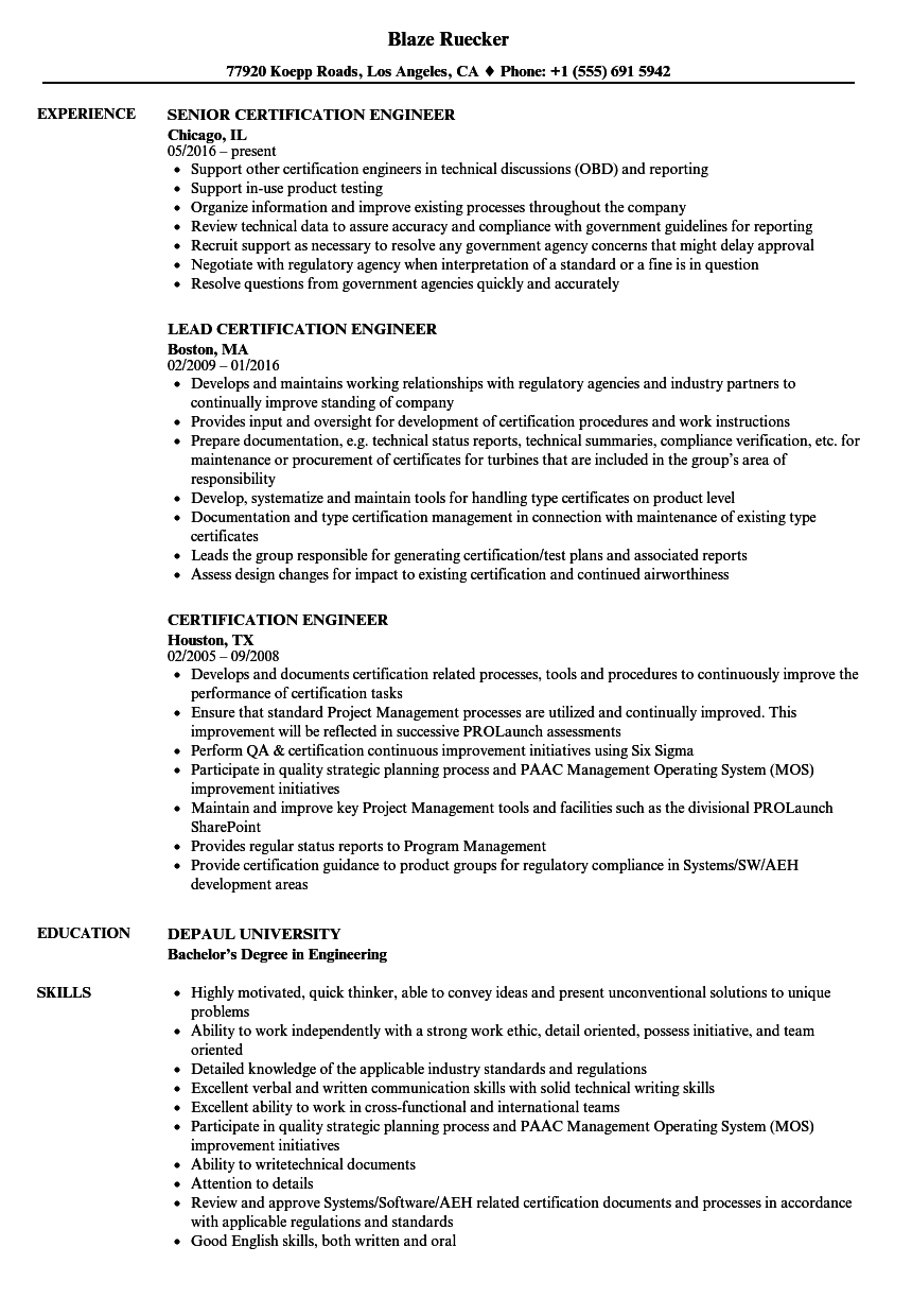 Certification Engineer Resume Samples Velvet Jobs