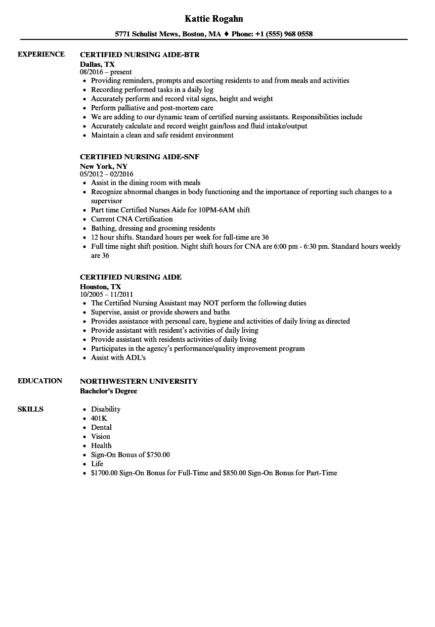 Certified Nursing Aide Resume Samples Velvet Jobs
