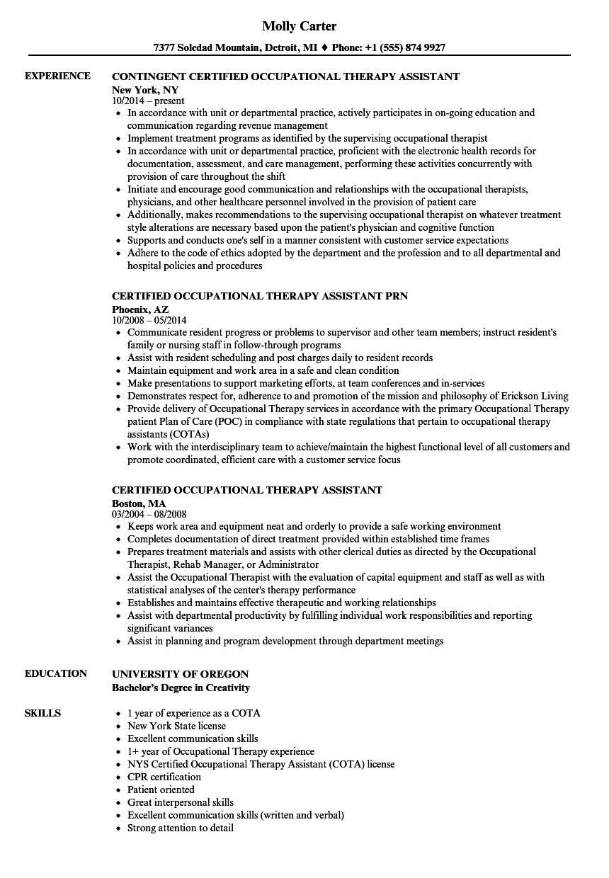 Certified Occupational Therapy Assistant Resume Samples | Velvet Jobs