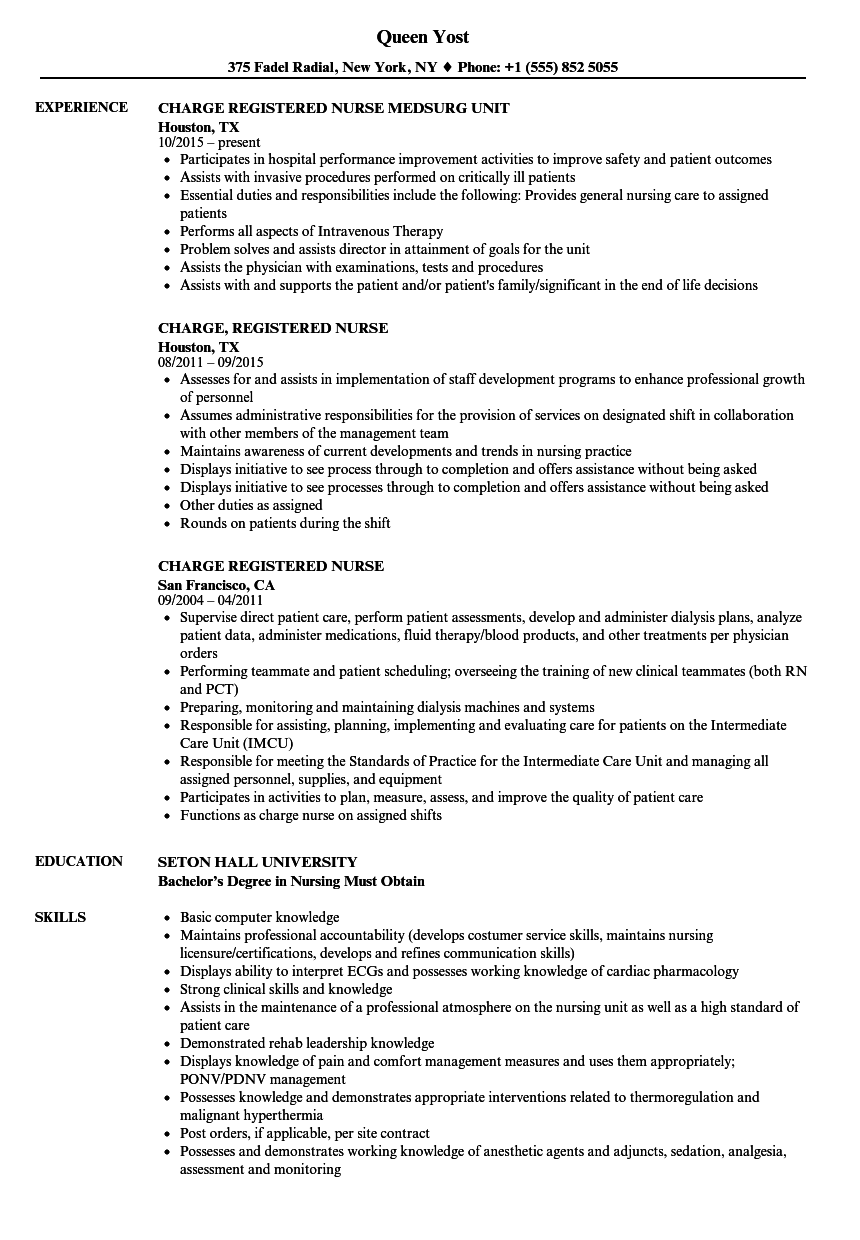 Charge Registered Nurse Resume Samples  Velvet Jobs