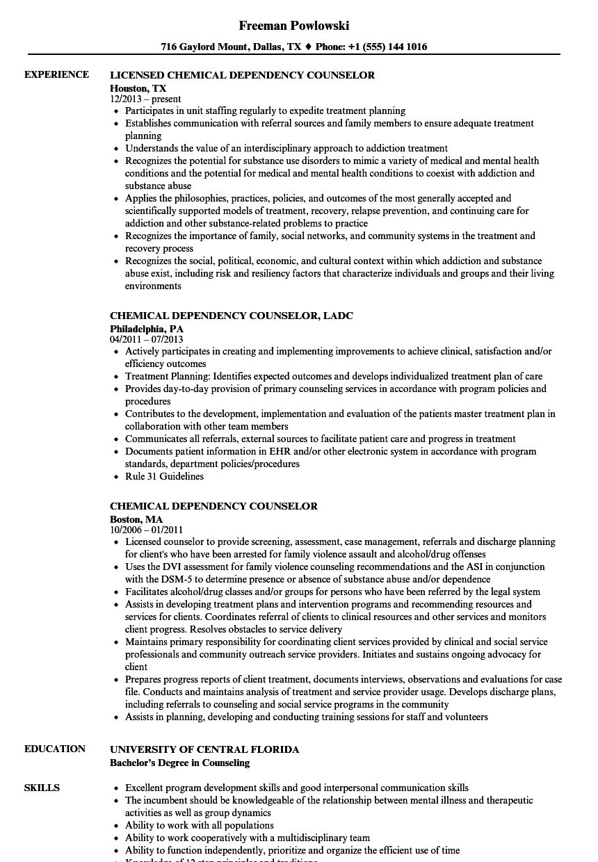 Chemical Dependency Counselor Resume Samples  Velvet Jobs