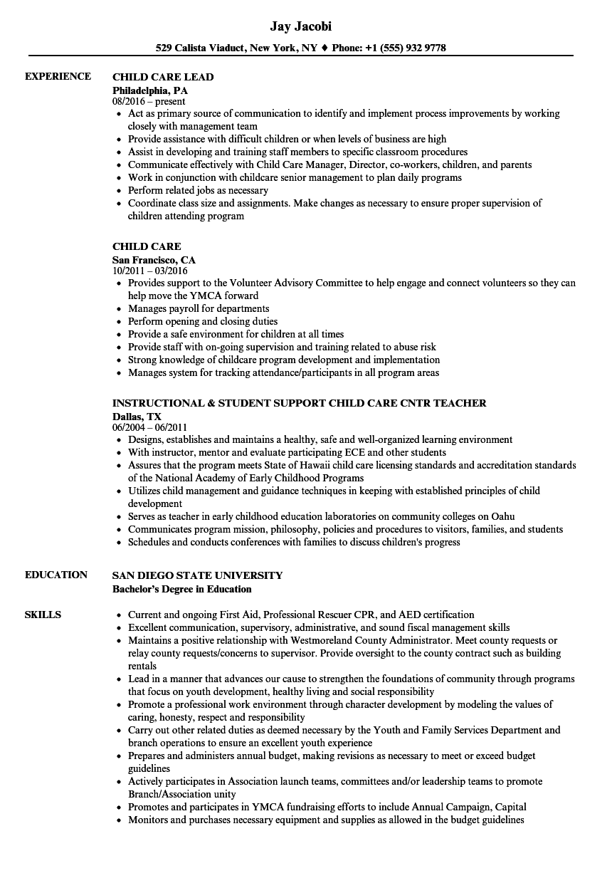 Child Care Resume Samples Velvet Jobs