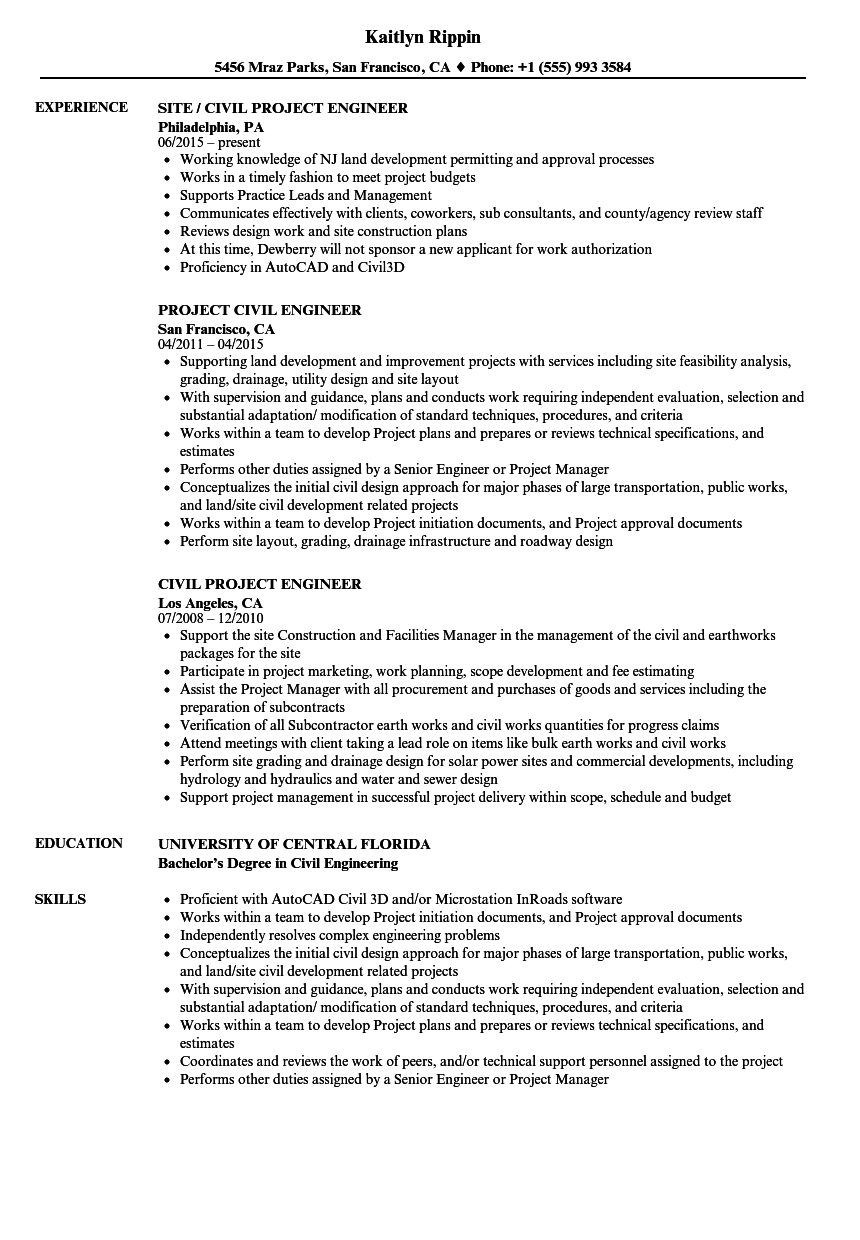 Civil Project Engineer Resume Samples Velvet Jobs