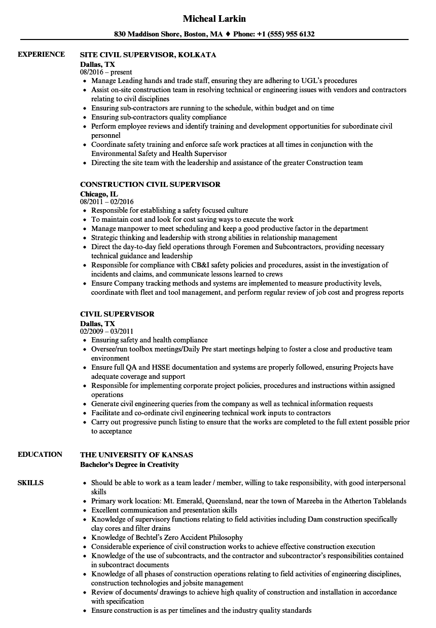 Civil Supervisor Resume Samples Velvet Jobs