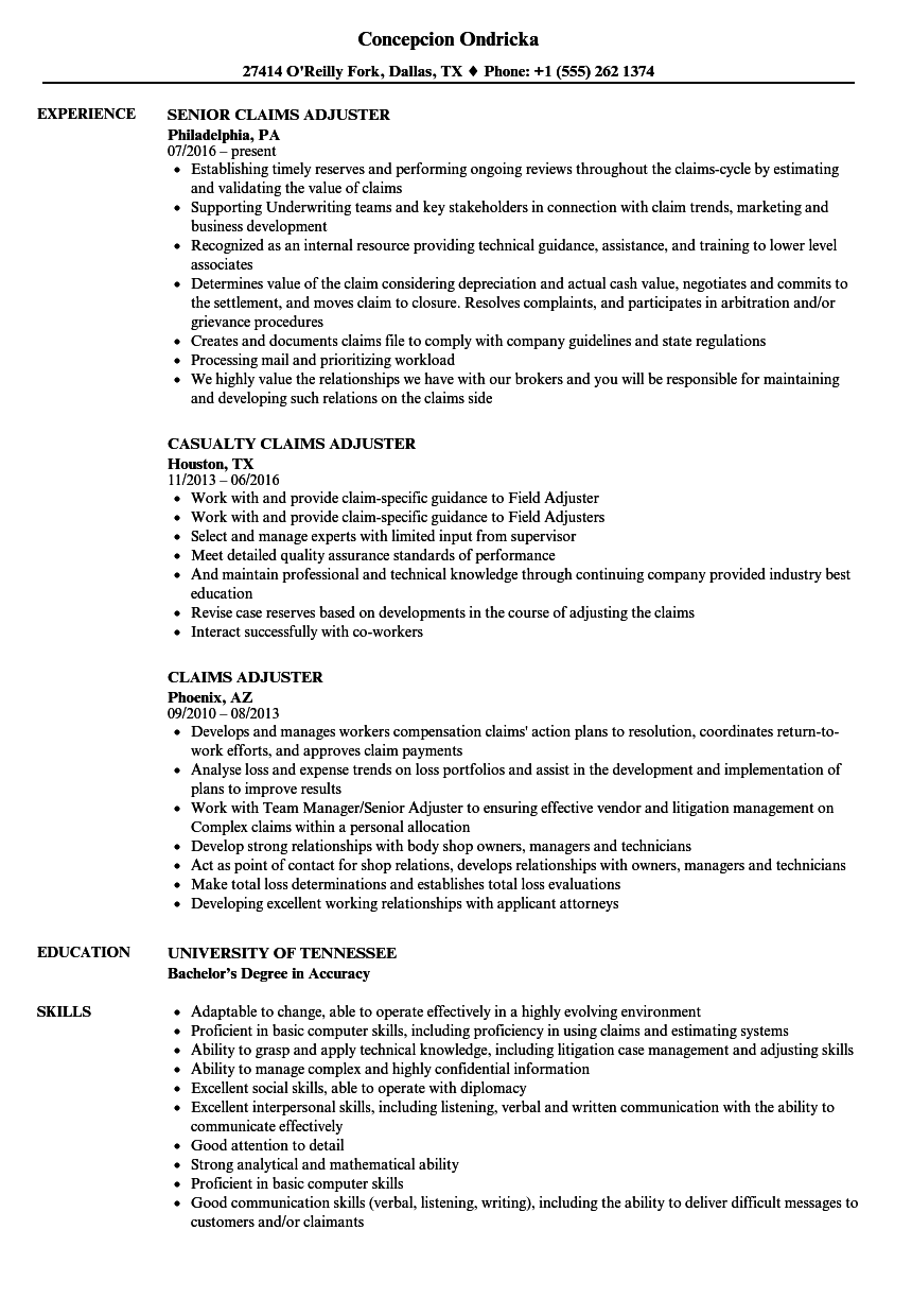 Claims Adjuster Resume Samples | Velvet Jobs