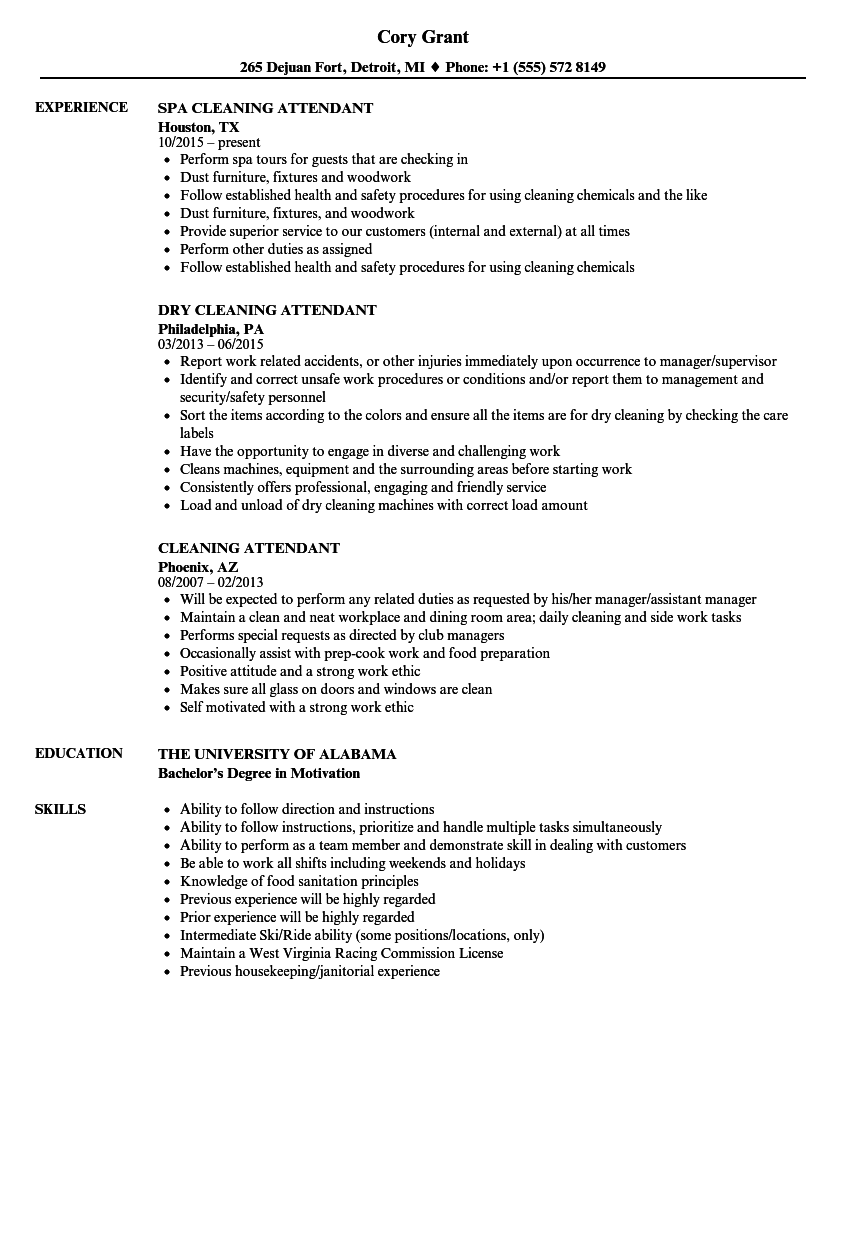 Cleaning Attendant Resume Samples | Velvet Jobs